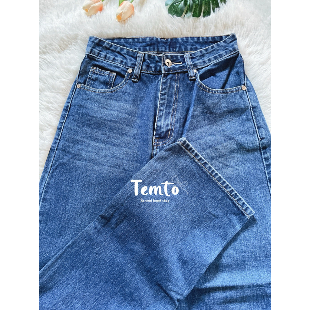 Saran SR036 กางเกงยีนส์ทรงกระบอกกลางแม่แอนสีเข้ม ไซส์ M (มือสอง)