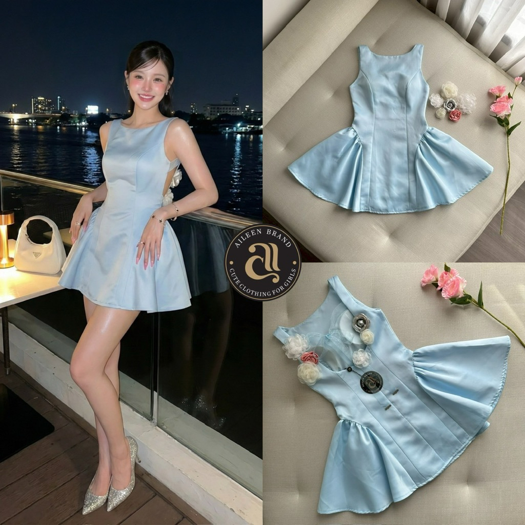 Aileen(เช็คก่อนสั่ง) มินิเดรสแขนกุดแขนกุดสีฟ้า ดีเทลเว้าหลังบน สวยน่ารักมาก(XS-L)