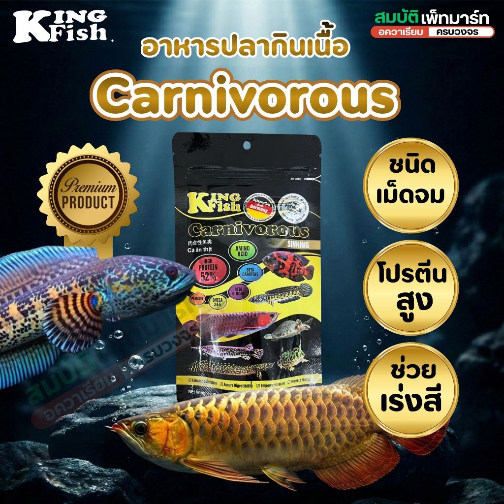 KINGFISH  Carnivorous คิงฟิช  อาหารปลากินเนื้อ โปรตีนสูง ช่วยเร่งสี  ชนิดเม็ดจม 100 กรัม