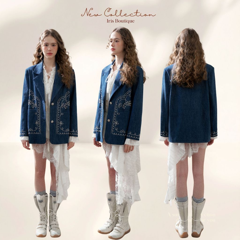 Original Design IRIS BOUTIQUE 26ss Trims series IJ73801 Embroidered Denim Style Jacket เสื้อแจ็คเก็ตลุคเดนิมดีไซน์ปักลาย