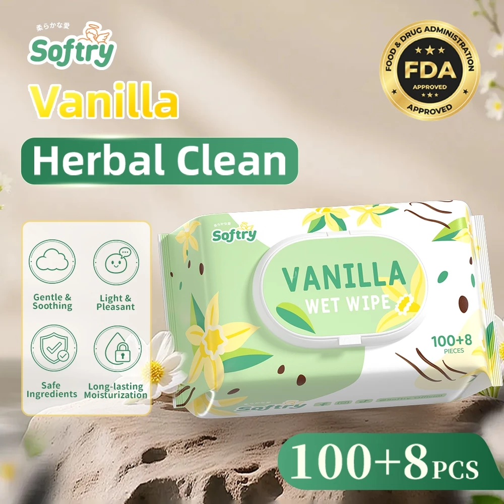 Softry ทิชชู่เปียก 108แผ่นx 5 แพ็ค (540 แผ่น) กลิ่นวานิลลา สารสกัดวานิลา naturelle ชุ่มชื้นผิวเด็ก