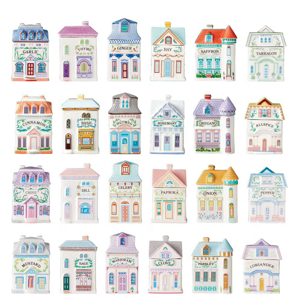 Lenox Spice Village Spice Jar ยกเซ็ท 24 ชิ้นไม่ซ้ำกัน โถเก็บเครื่องเทศพอร์ซเลนรูปบ้าน ใช้ตกแต่งบ้าน ของแท้นำเข้า