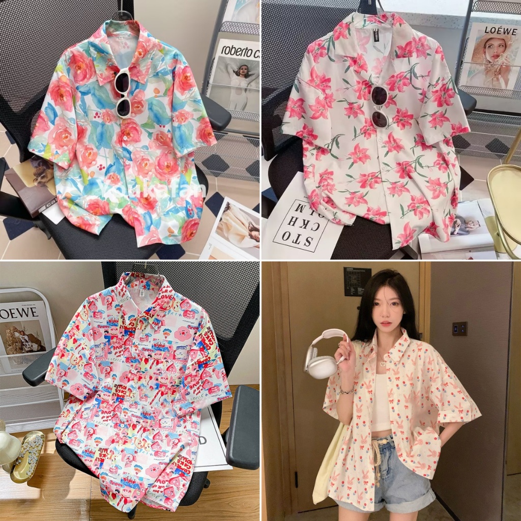cherryshop พร้อมส่ง เสื้อเชิ้ตแขนสั้นลายดอกไม้สำหรับผู้หญิง ทรงหลวม มีปกพับลง สไตล์ลำลองสำหรับวันหยุดพักผ่อนในฤดูร้อน