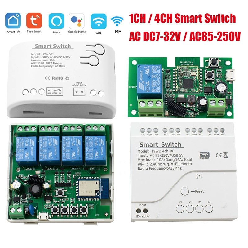 Tuya สมาร์ท AC220V 85-250V , DC 7-32V 1CH 2CH 4CH สมาร์ท WiFi รีโมทคอนโทรลคอนโทรลเลอร์โมดูล