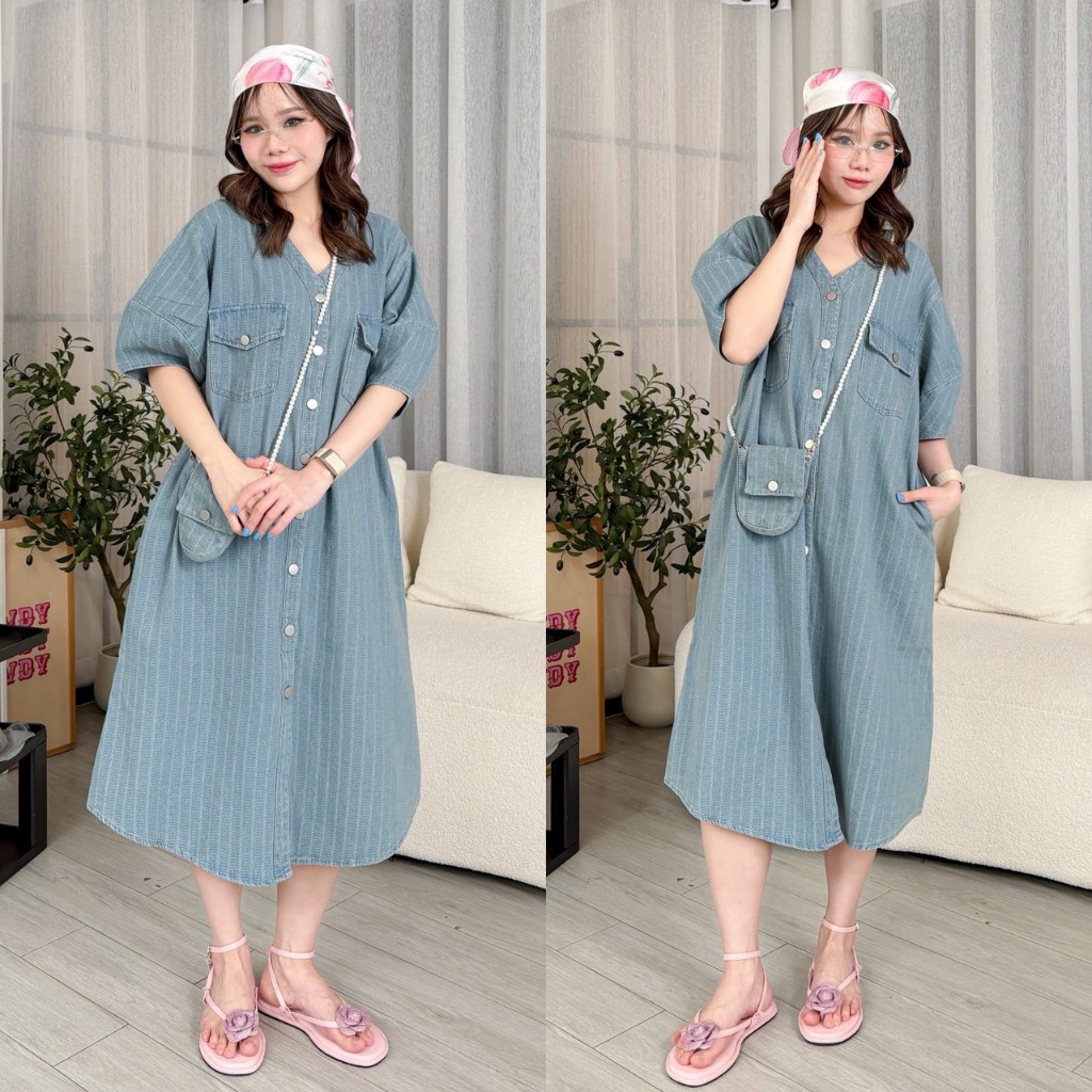 🪽Pearl Jeans Dress🪽 เดรสยีนส์ผ้าฟอกสีเฟสอ่อน แถมกระเป๋า