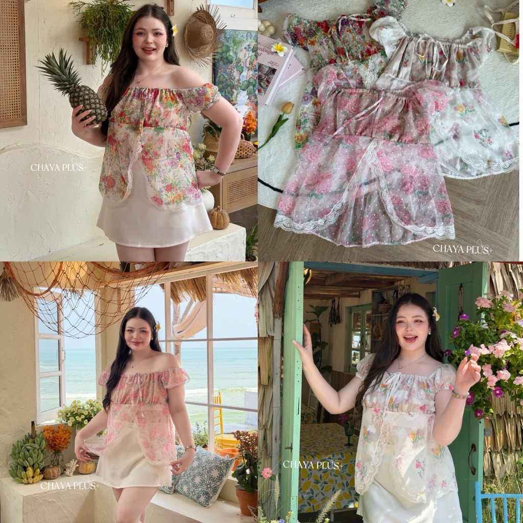 Chaya plus เสื้อปาดไหล่ เนื้อผ้าชีฟองลายดอกไม้