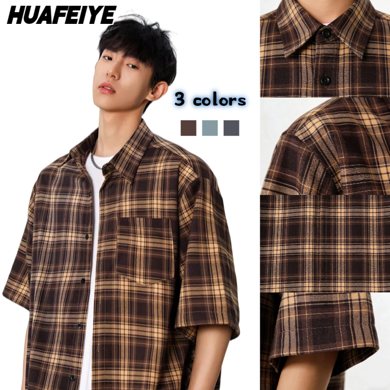 HFY เสื้อ เชิ้ตผู้ชาย เสื้อคอจีนผู้ชาย แขนสั้น ดีไซน์เรียบหรู ใส่สบายทุกโอกาส ไม่จำกัดเพศ ลายสก็อต