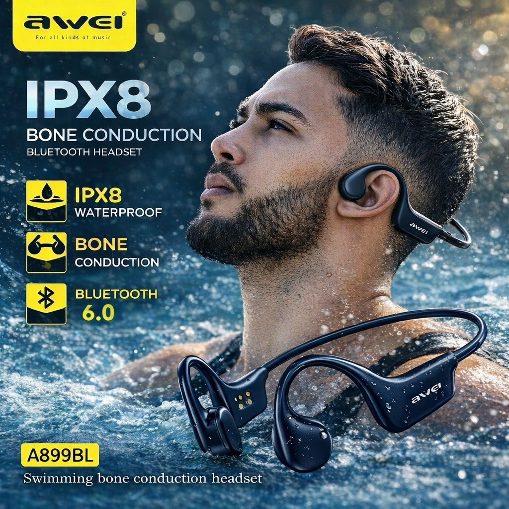 AWEI A899B IPX8+กระดูกนำเสียง  หูฟังว่ายน้ำ-ออกกำลังกาย Bone Conduction บลูทูธ 6.0 ความจำ32GB เก็บเพลง1000+