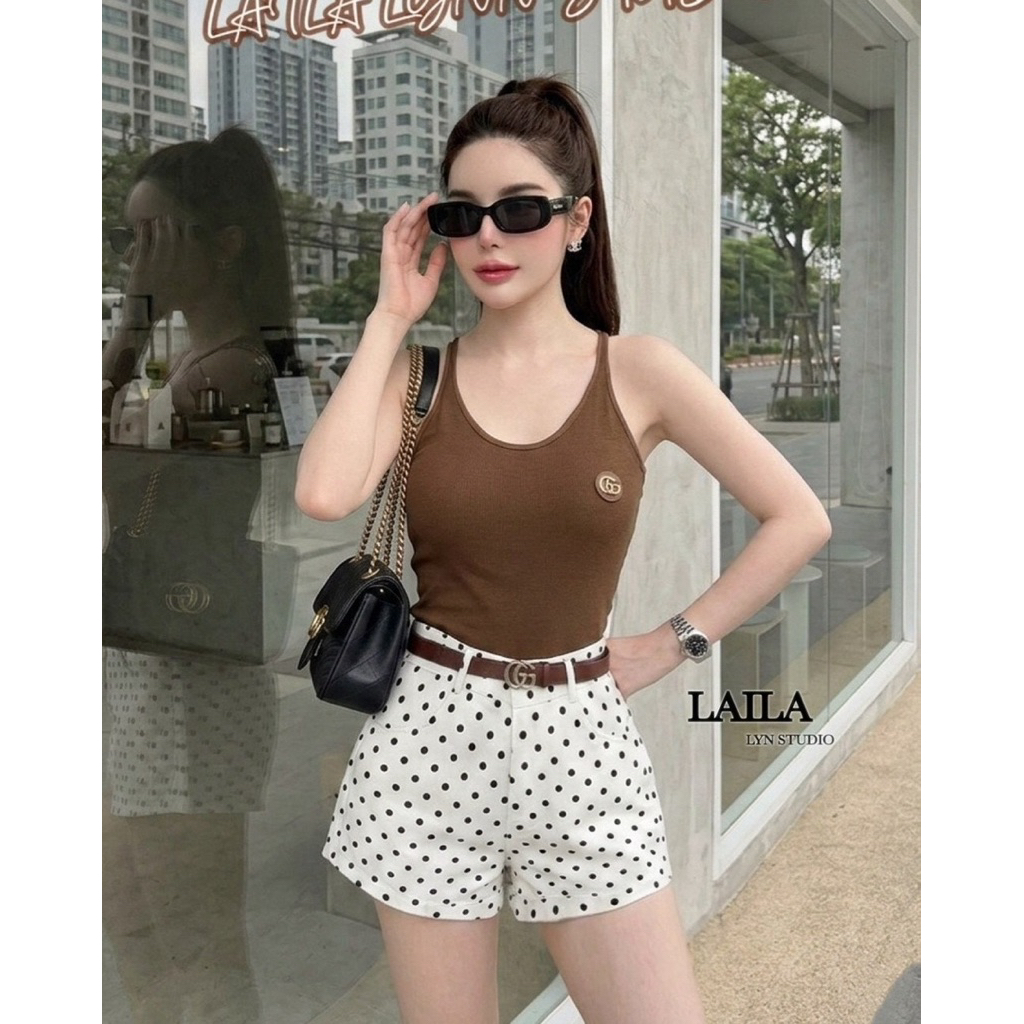 งาน SET 3 ชิ้น เสื้อสายเดี่ยว + กางเกงลายจุด + เข็มขัด ใส่แล้วหุ่นเป๊ะ เอวชัด ขับผิวสุด ๆ  ♥︎ 𝐍𝐞𝐰 𝐀𝐫