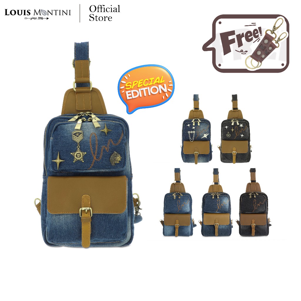 [Clearance sale] Louis Montini (JEANS) กระเป๋าคาดอก กระเป๋าคาดอกผู้ชาย Belt bag ผ้ายีนส์ผสมหนังวัวเเท้ JEAN03