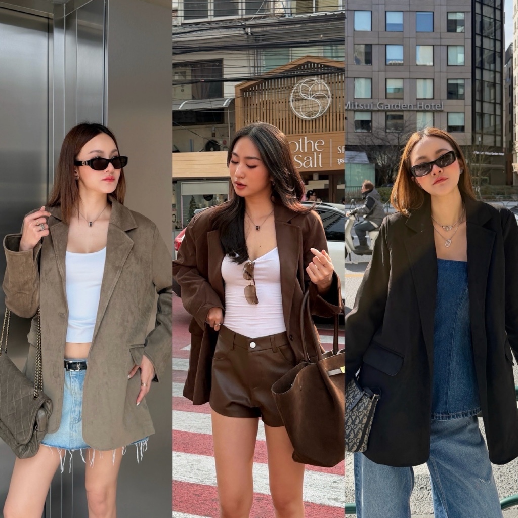 MALIMAYS - Ruffle Suede Blazer เสื้อเบลเซอร์หนังกลับ มีกระเป๋าข้าง