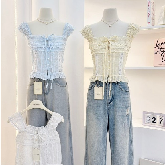 Violet crop : เสื้อแขนดอลลี่ เย็บตีเกล็ดหน้า แต่งลูกไม้ซีทรู กระดุมคล้อง ยางยืดด้านหลัง KN.Clothes