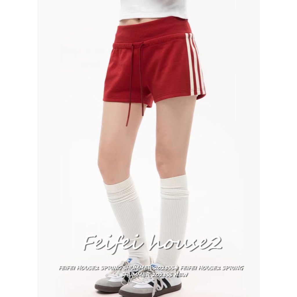 [Side stripe drawstring shorts]ผู้หญิงสไตล์เรโทรอเมริกันกางเกงขาสั้นลำลองทรงตรงเข้ารูปสำหรับ