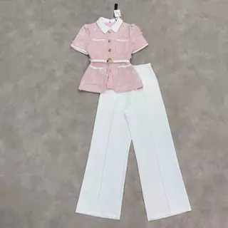 ชุดเซ็ต 2 ชิ้น เสื้อผ้าทวิต+กระโปรง,กางเกง สีครีม/ชมพู/ฟ้า/น้ำตาล/ดำ ใส่ทำงาน,ไปงานแต่ง งานบุญ งานบวช #Lalabelle