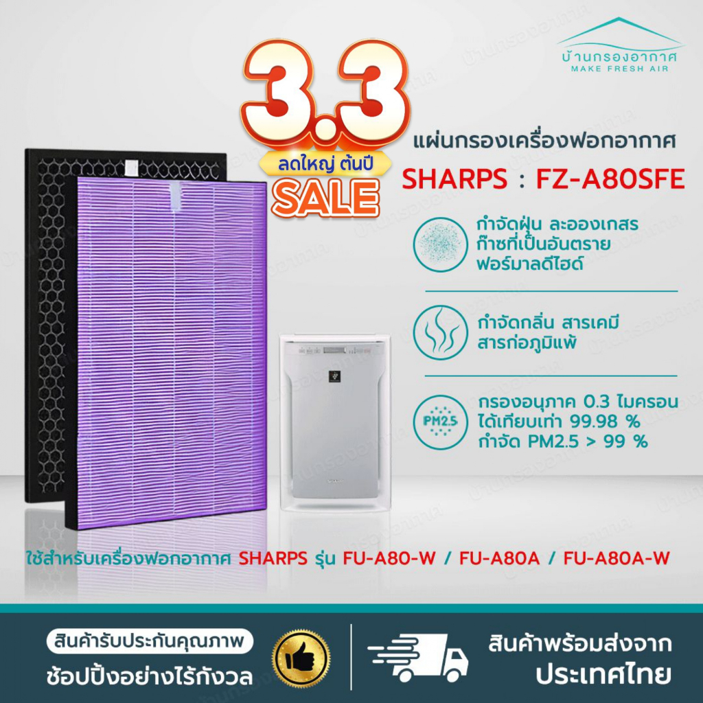 แผ่นกรองอากาศ HEPA Filter FZ-A80SFE และ กรองคาร์บอน เครื่องฟอกอากาศ sharp รุ่น FU-A80TA แผ่นกรองอากา