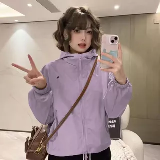 เสื้อแจ็ค เก็ตแขนยาว กันลม มีซิป มีฮู้ด เนื้อผ้าบาง แบบสั้น สไตส์เกาหลี ใหม่