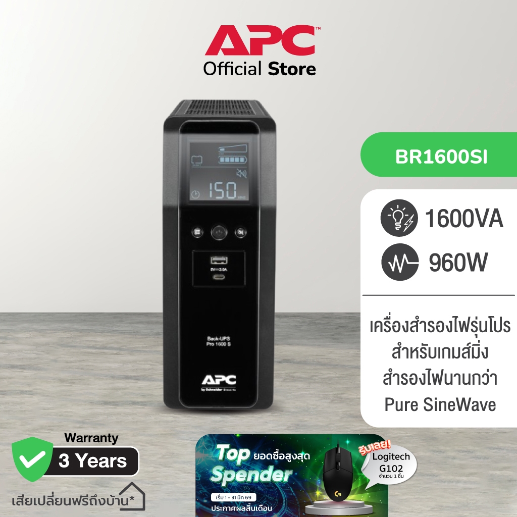 APC Back UPS Pro BR1600SI (1600VA/960WATT) ระบบ Pure Sine Wave หน้าจอ LCD แจ้งเตือนสถานะ