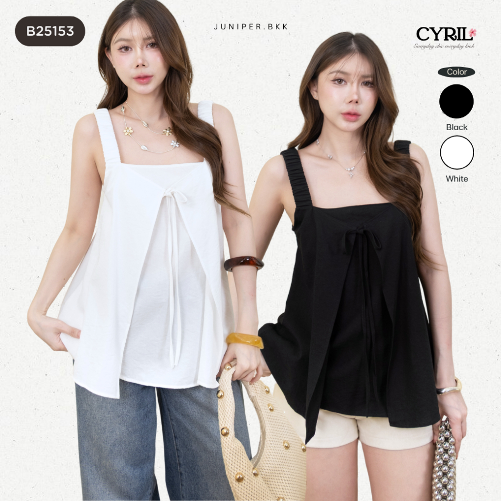 เสื้อสายเดี่ยว Ribbon Top ทรงปล่อย ผ้าCotton Linen เบา ใส่สบาย ลุคเกาหลีมินิมอล | CYRIL | B25153 I J