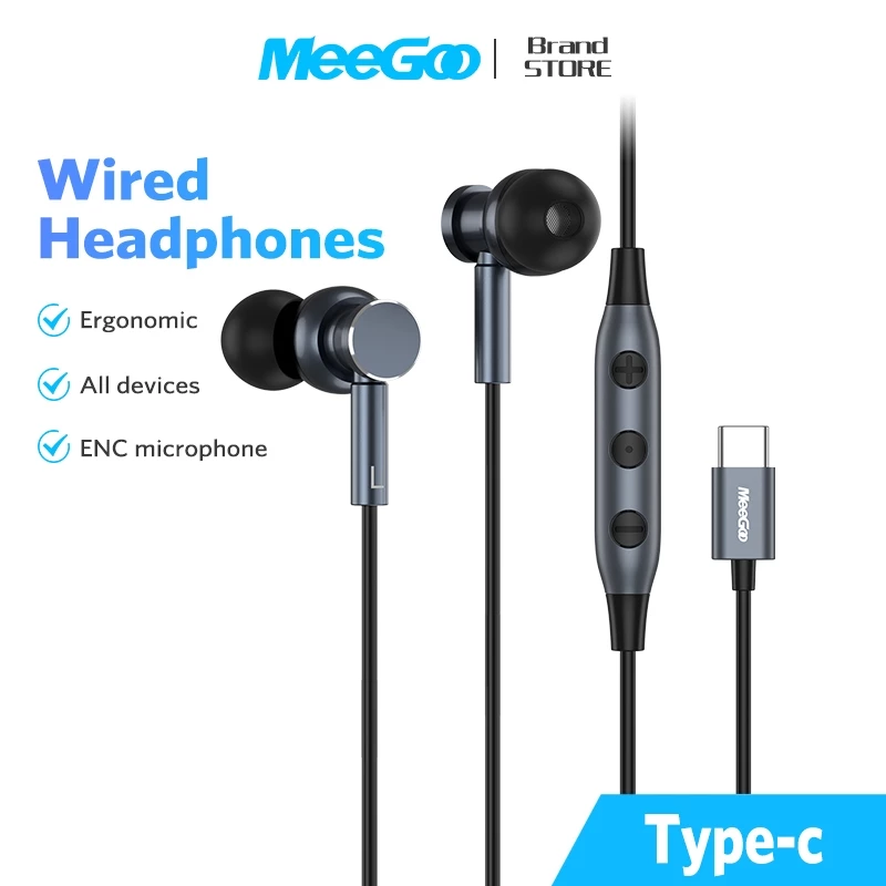 MEEGOO หูฟังแบบมีสาย ชนิดใส่ในหู Type C หลักสรีรศาสตร์ พร้อมควบคุมระดับเสียงไมค์ สำหรับเล่นเกม ฟังเพลง