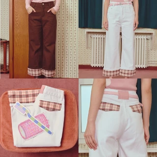 [พร้อมส่ง] CHUUCHOP - (XS-4XL) Milky Jeans กางเกงยีนส์กระบอกกลาง เก็บสัดส่วน พรางหุ่น ดีเทลปลายขาพับลายสก็อต (C8521)