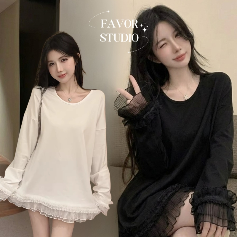 💞【S-4X】เสื้อแขนยาวทรงหลวม ตกแต่งชายระบายลูกไม้สองชั้น ดีไซน์เรียบหรู ใส่ทำงานได้ ใส่เที่ยวสวย คุณภาพพรีเมียม พร้อมส่ง💥🎈
