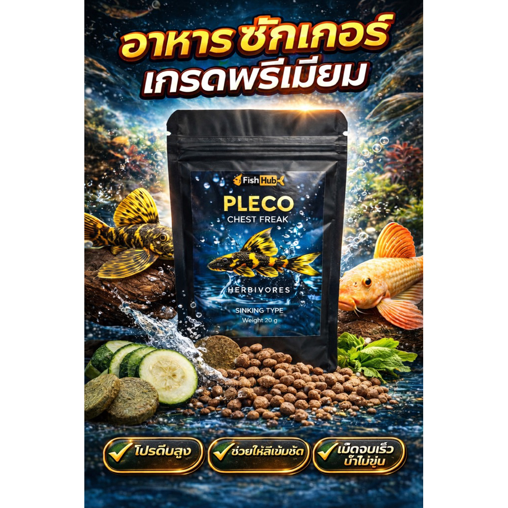 Fish Hub Pleco อาหารเม็ดเสริมซักเกอร์กินพืช เร่งโต สีสวยคมชัด ปลาชอบมาก