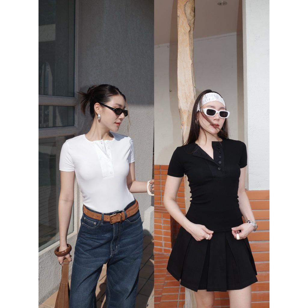 (สินค้าTrendy-30%)THESUNCO-TOBY TOP เสื้อยืด ดีไซซ์กระดุม 6 เม็ด