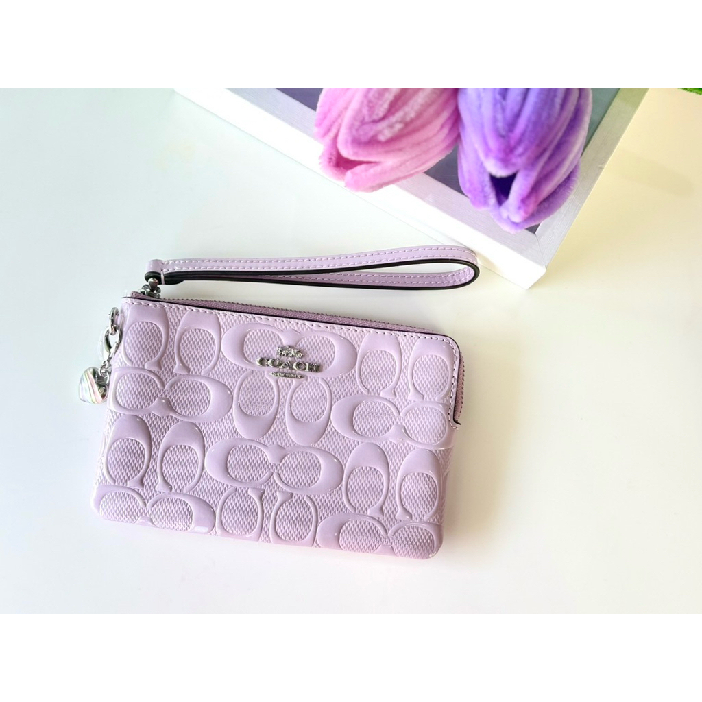 Coach Corner Zip Wristlet In Signature Leather With Heart Charm