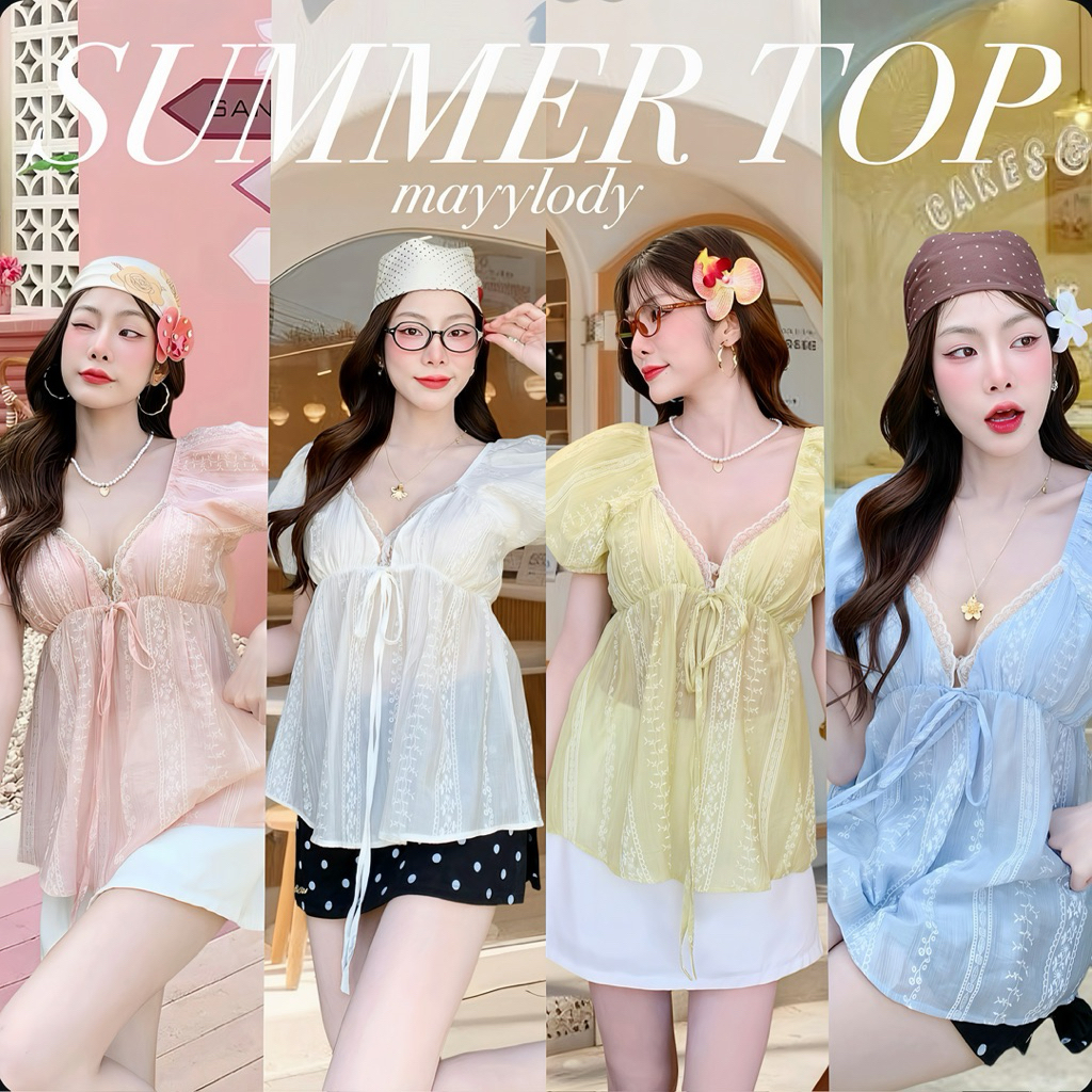 💓mayylody💓 A -VA  TOP เสื้อแขนพองบอลลูน ผ้าพิมพ์ลาย เเต่งลูกไม้ระบาย  (อก -38 ) รับซัมเมอร์ 🌷🪞🌤️🍃 ชุดไปทะเล ชุดไปคาเฟ่