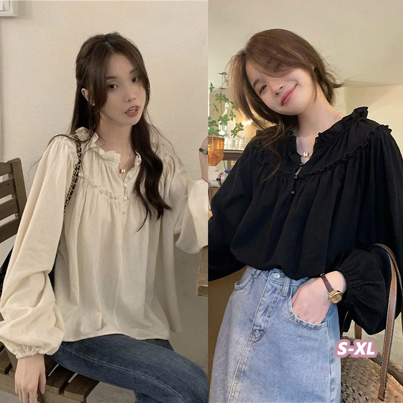 👚Anna👚 เสื้อเชิ้ตทรงหลวมจีบพลีท เสื้อเชิ้ตแขนโคมไฟระบายเก๋ไก๋ เสื้อเชิ้ตแขนยาวระบาย เสื้อผ้าสไตล์เกาหลี W690