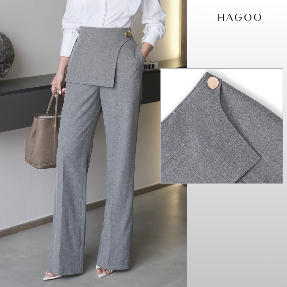 HAGOO กางเกงผู้หญิง เอวสูง ทรงตรง ดีไซน์ไขว้ ลุคทำงานเรียบหรู [Q453]