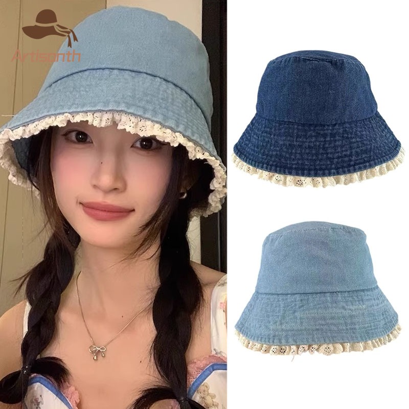ส่งเร็ว💥หมวกบักเก็ตยีนส์ขอบลูกไม้น่ารัก กลางแจ้งป้องกันแดด เบา พกพาง่าย แฟชั่นฤดูใบไม้ผลิ และฤดูร้อน สําหรับผู้หญิง.COD