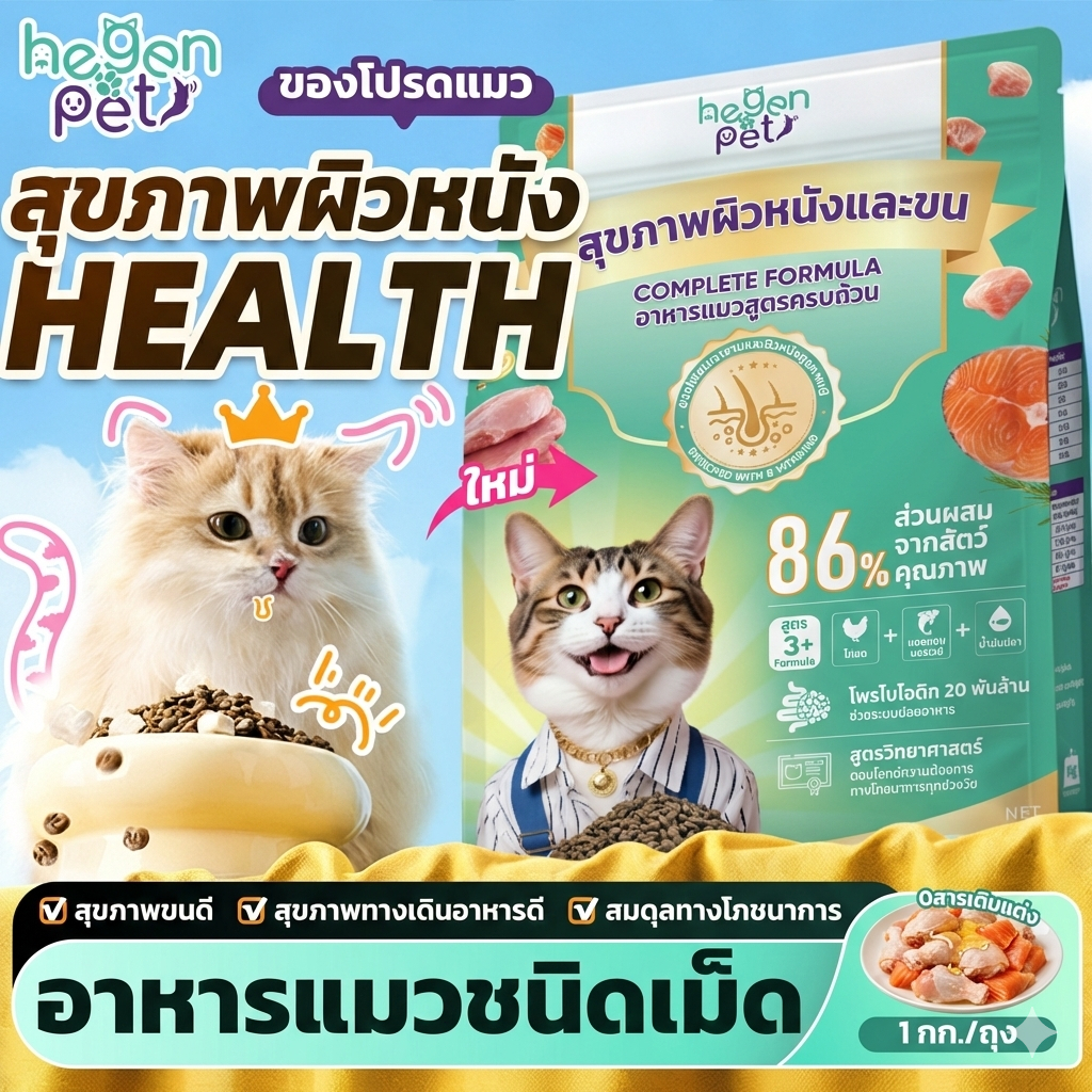 Cassiel Pet อาหารแมวแบบแห้งย่อยง่ายและอ่อนโยนต่อกระเพาะอาหาร เหมาะสำหรับลูกแมวและแมวโตเต็มวัย 1kg