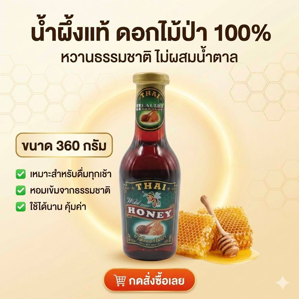 น้ำผึ้งแท้ THAI HONEY ขนาด 360g. น้ำผึ้งดอกไม้ป่า น้ำผึ้งแท้