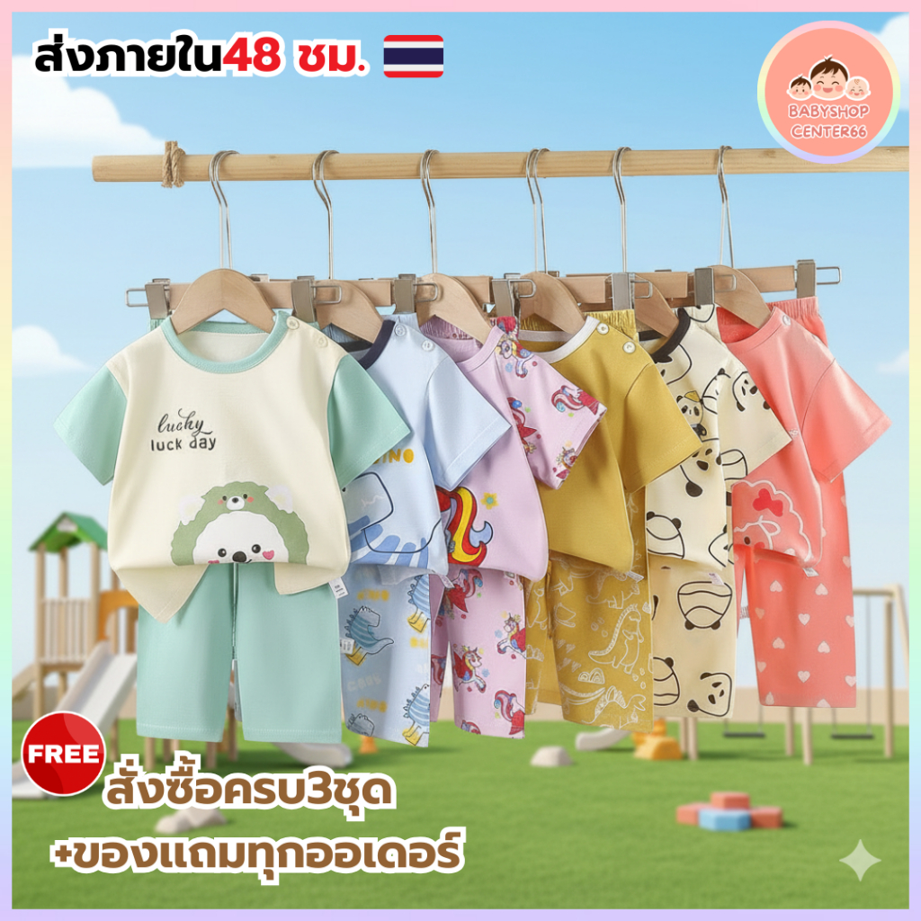 พร้อมส่ง! ชุดเซ็ตเด็กขายาว เสื้อแขนสั้น+กางเกงขายาว Size80-140 ผ้าCotton100% ระบายอากาศ ไม่ร้อน ผ้านิ่มใส่สบาย น่ารักF03