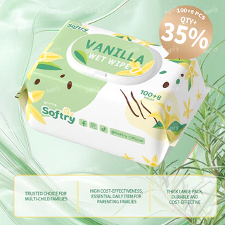 Softry ทิชชู่เปียก 108แผ่นx 5 แพ็ค (540 แผ่น) กลิ่นวานิลลา สารสกัดวานิลา naturelle ชุ่มชื้นผิวเด็ก