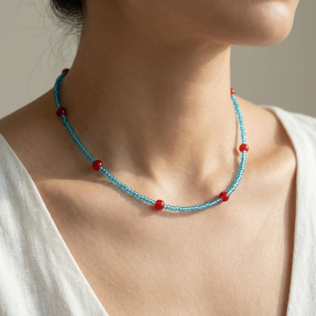 🩵❤️สร้อยคอลูกปัดสีฟ้า ตัดแดง | Blue Beaded Necklace สไตล์เกาหลี Y2K