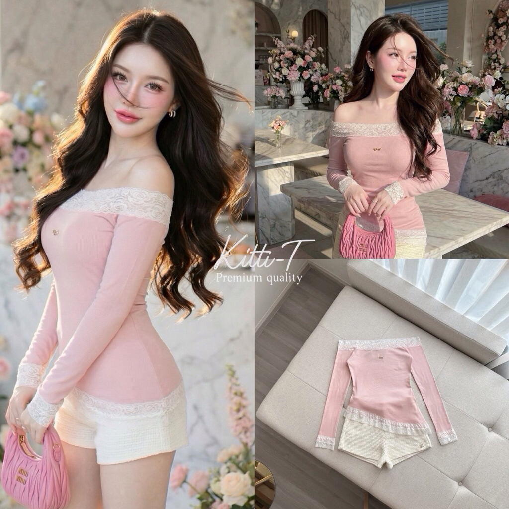 Chalin | S140 - Set (2) ชิ้น เสื้อ+กางเกง เสื้อเปิดไหล่สีชมพูพาสเทล กางเกงขาสั้นทรงพอดีตัวผ้าลูกไม้แ