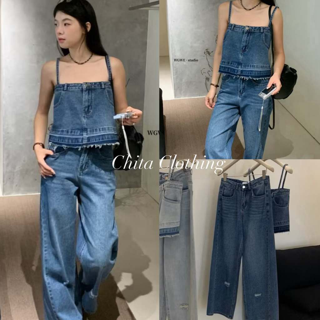 📍พร้อมส่ง📍6116💌Set 2 pcs เสื้อสายเดี่ยว ผ้ายีน + กางเกงขายาว มีกระเป๋าล้วงข้าง เนื้อผ้าดี งานสวย TAG:WG.WE 🇰🇷