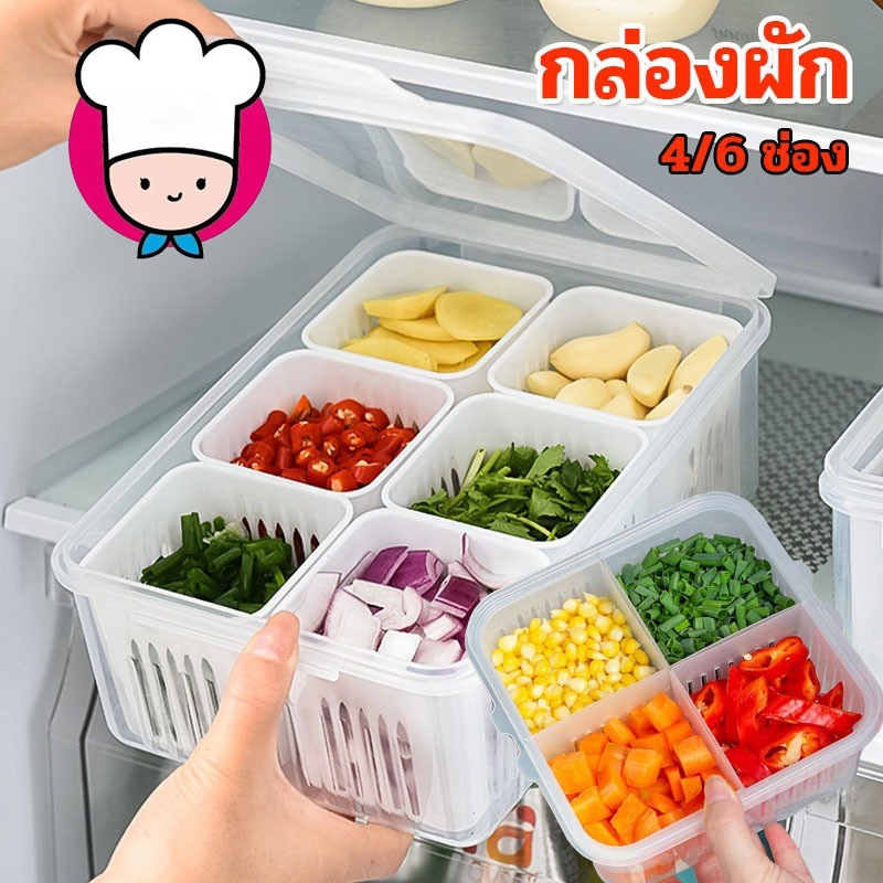🌈สินค้าพร้อมส่ง🌈กล่องเก็บอาหาร 4/6 ช่อง ที่เก็บผัก สําหรับห้องครัว กล่องเก็บกระเทียมสด รักษาความสด กล่องถนอมอาหาร 9PSD