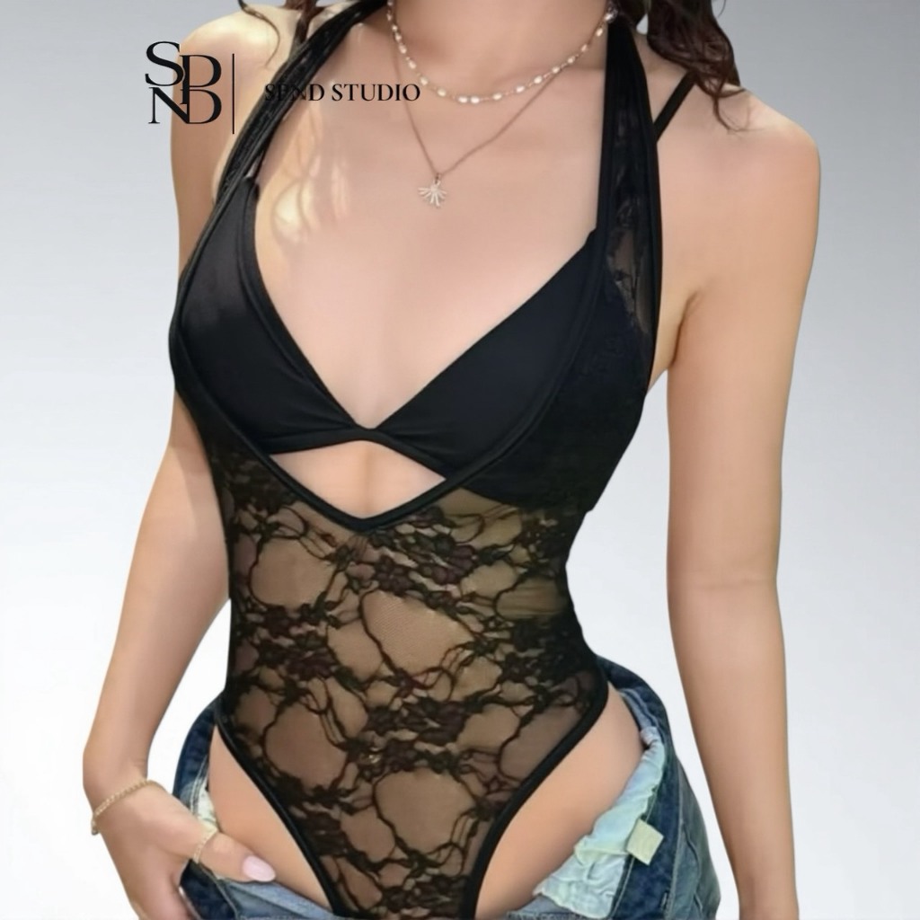 SPND【พร้อมส่ง】บอดี้สูท+บราทรงเรียบ Double Charm ลูกไม้ซีทรูเบาๆ ดูหวานแต่แอบแซ่บ สายแฟ สายปาร์ตี้ต้องมี (3009+Sets)