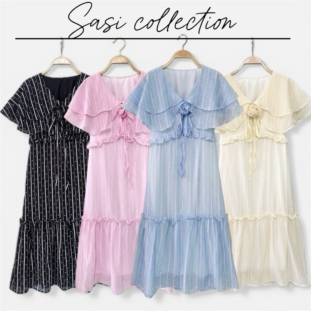 Sasi collection เดรสยาวคอปกระบายแต่งดอกคามิเลีย ดีไซน์สุดหรูหรา สำหรับวันพิเศษ