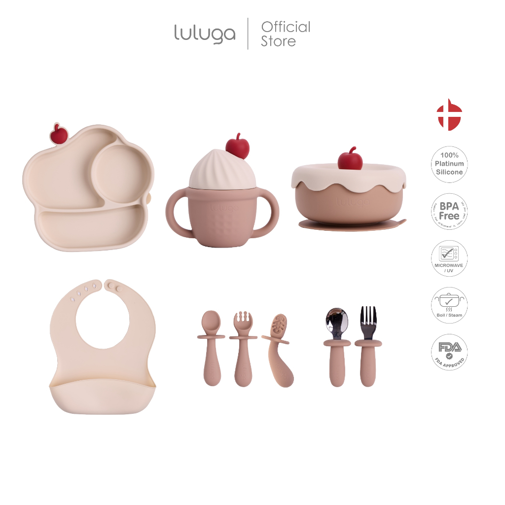 Luluga ชามซิลิโคนเด็ก จานซิลิโคนเด็ก แก้วหัดดื่มซิลิโคน Platinum Silicone สำหรับเด็ก 6 เดือน+ BLW Set 6 pieces Ice Cream