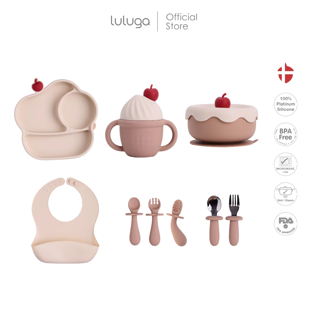 Luluga ชุดทานข้าวเด็ก 6 ชิ้น ชามซิลิโคนเด็ก จานซิลิโคน แก้วหัดดื่ม ชามดูดโต๊ะ ช้อนส้อมเด็ก BPA Free Platinum Silicone