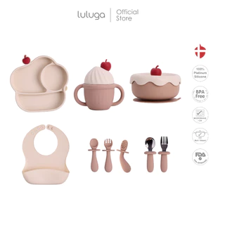 Luluga ชุดทานข้าวเด็ก 6 ชิ้น ชามซิลิโคนเด็ก จานซิลิโคน แก้วหัดดื่ม ชามดูดโต๊ะ ช้อนส้อมเด็ก BPA Free Platinum Silicone