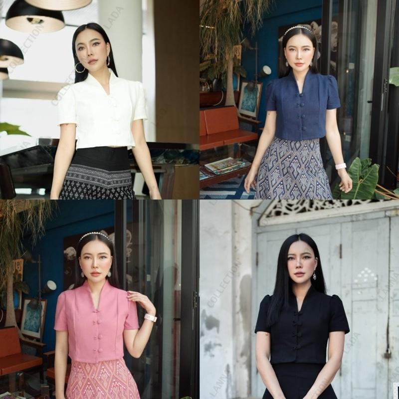 เสื้อคอปีนกระดุมโบว์แบบอัดกาวมี5 สี ดำ ชมพู ขาว พีช กรม (ผ้าฝ้ายอัดกาว)