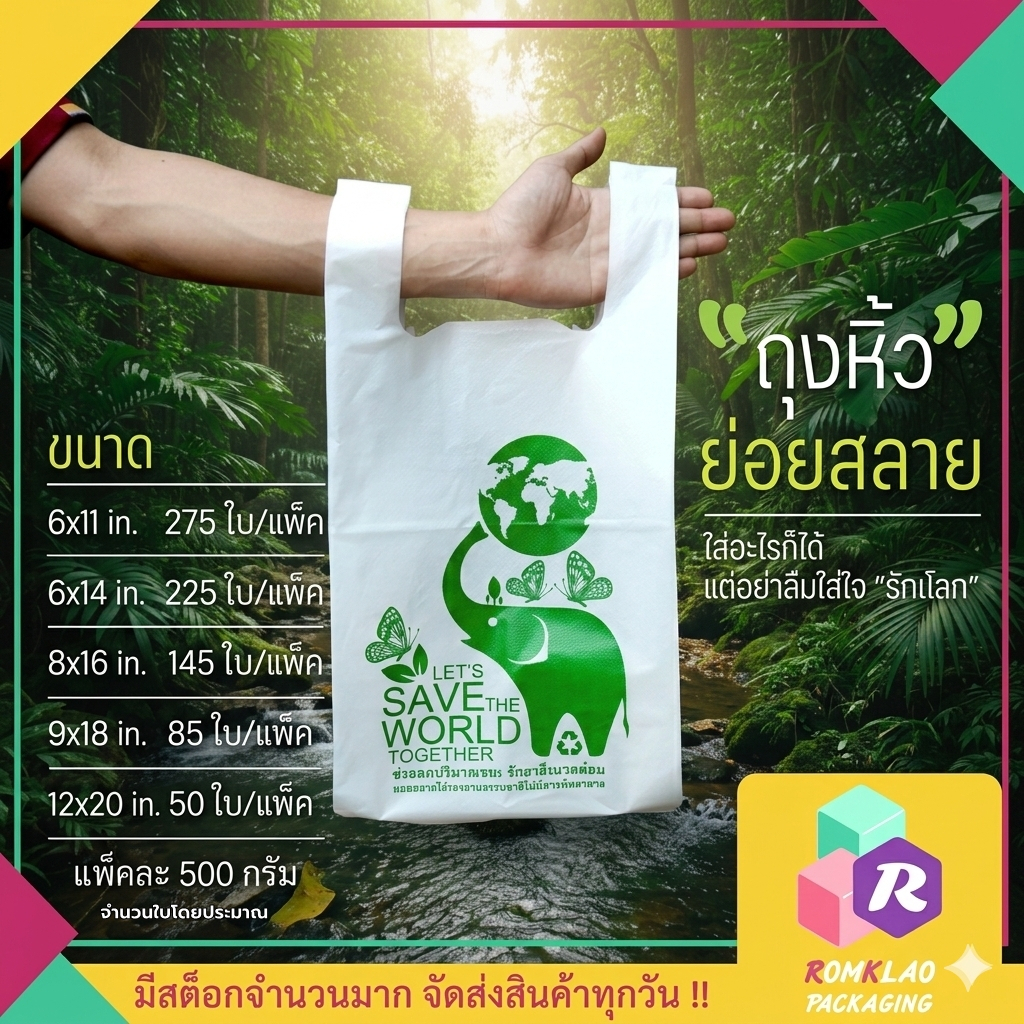 ถุงรักษ์โลก ถุงย่อยสลาย ถุงพลาสติกย่อยสลาย บรรจุแพ็คละ 500g พิมพ์ทุกใบ