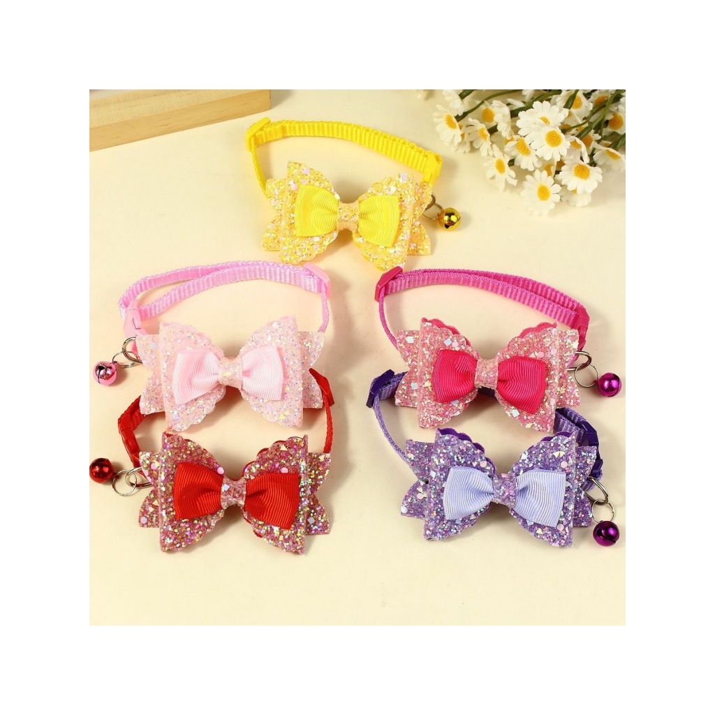 MG-1966 ปลอกคอโบว์ 2 ชั้นกากเพชร สำหรับแมวและสุนัข ปรับได้ 4 สี พร้อมกระดิ่ง 🎀🐾