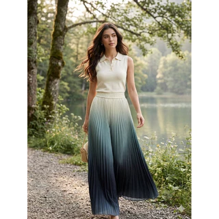 Pleat two-tone pants พร้อมส่งครบสี!! กางเกงพลีท กางเกงอัดพลีทขายาว สีพื้นแบบไล่เฉด เอวเย็บสม็อค