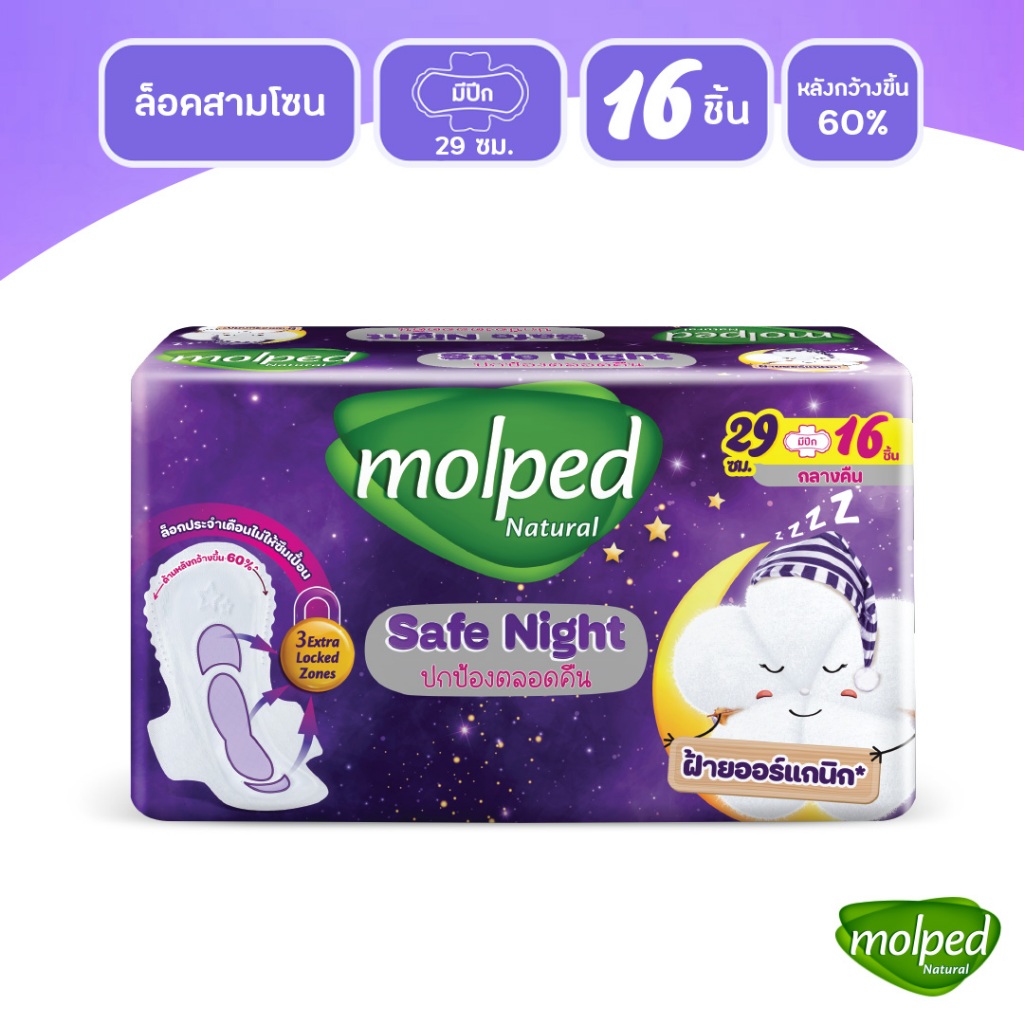 Molped โมลเพด เซฟ ไนท์ ผ้าอนามัย สำหรับกลางคืน แบบมีปีก 29 ซม. จำนวน 16 ชิ้น